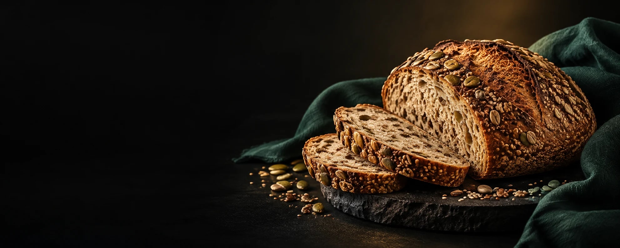 Bread concept with seeded loaf on black stone