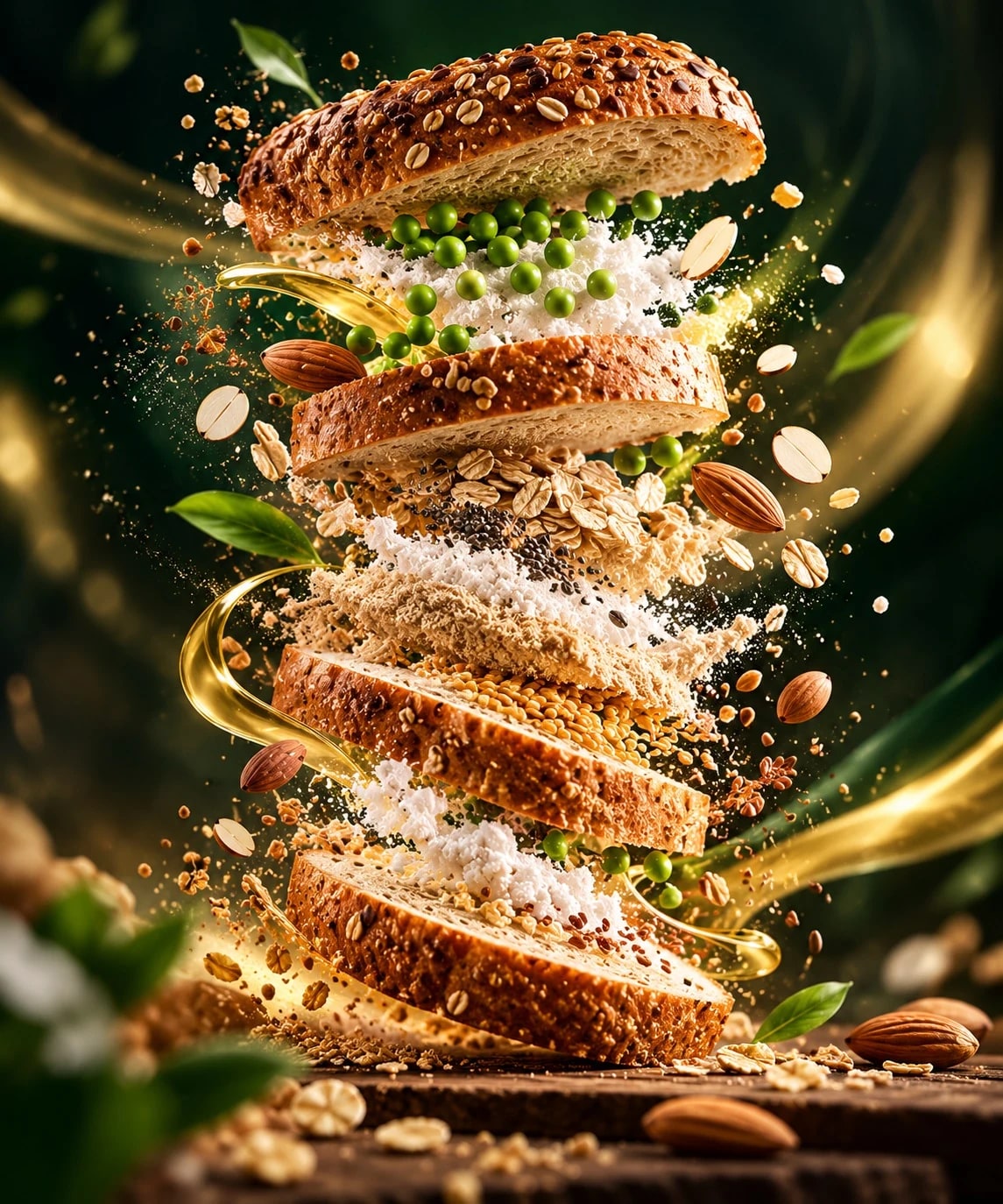 Illustrative bread concept with floating slices, seeds and ingredients