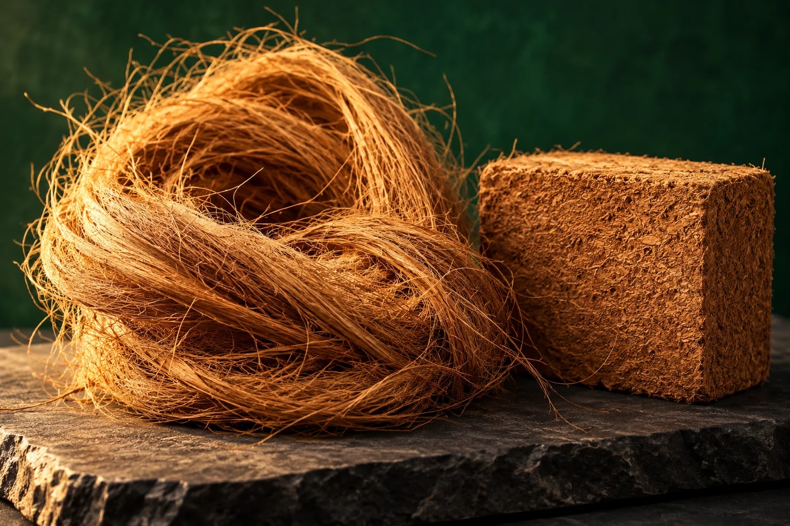 Illustrative coconut coir fibre and compressed block
