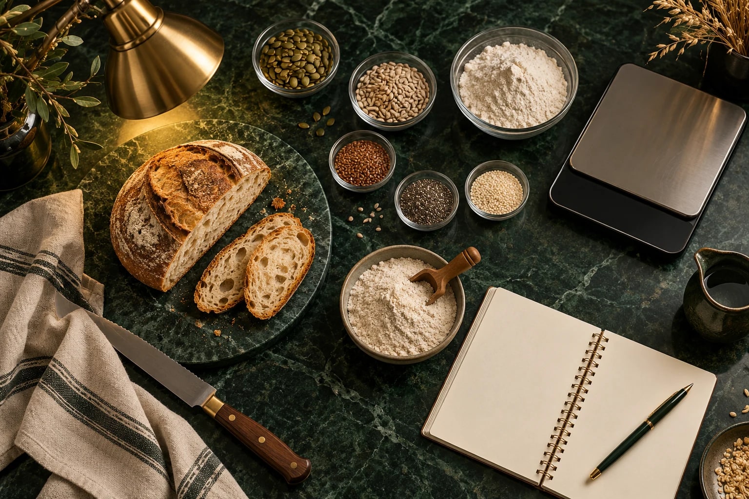 Illustrative food development workbench with bread and ingredient samples