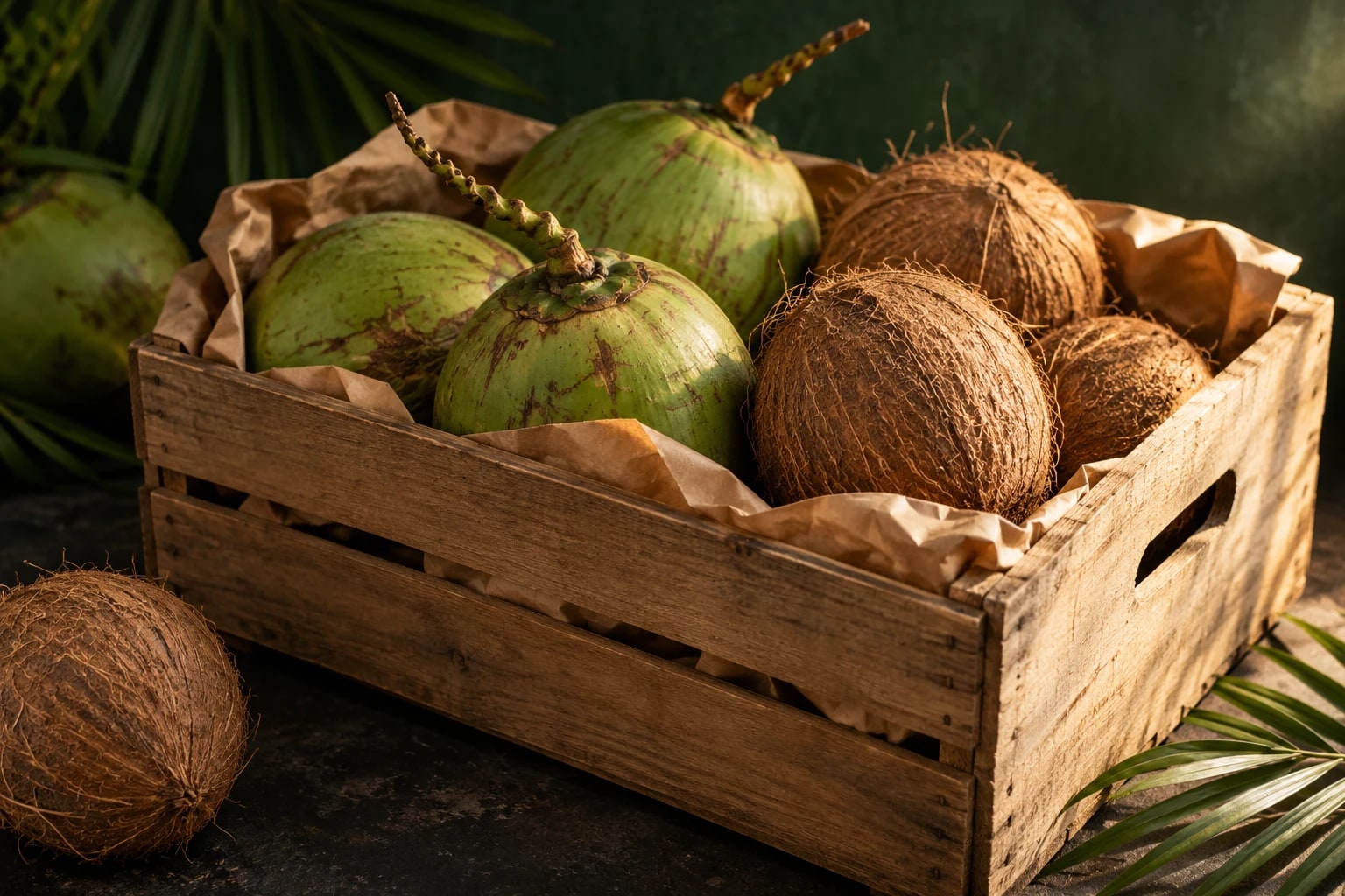 Illustrative coconut supply crate prepared for a commercial enquiry