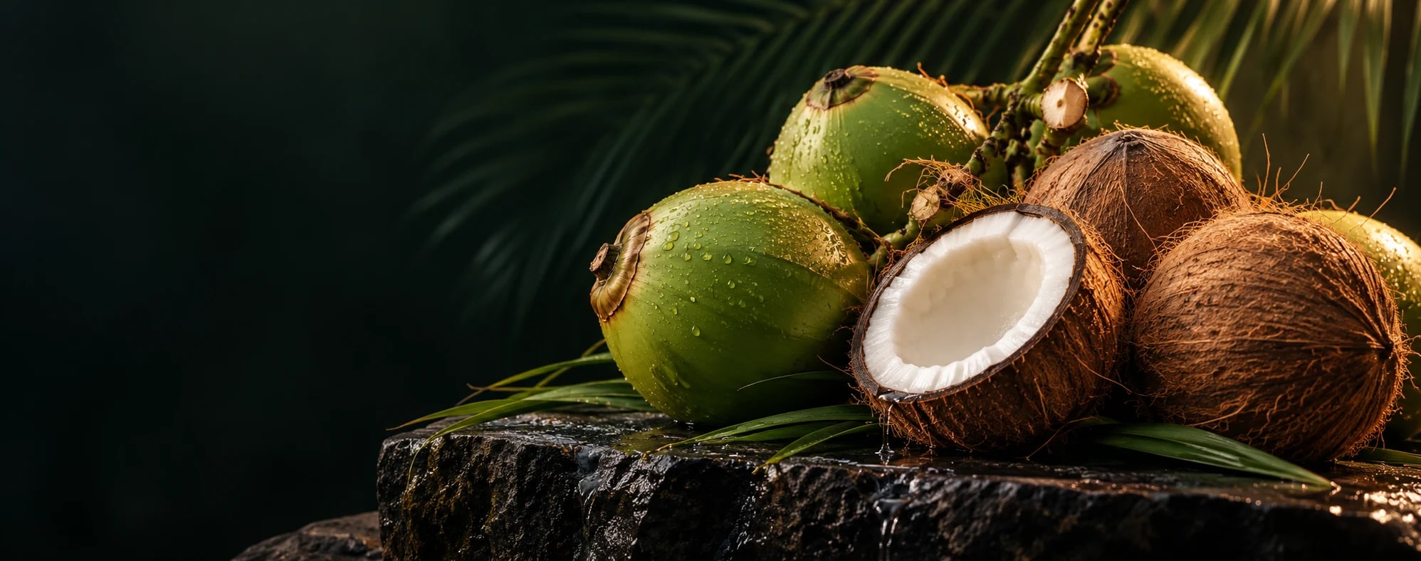 Fresh and mature coconuts in a dark studio setting